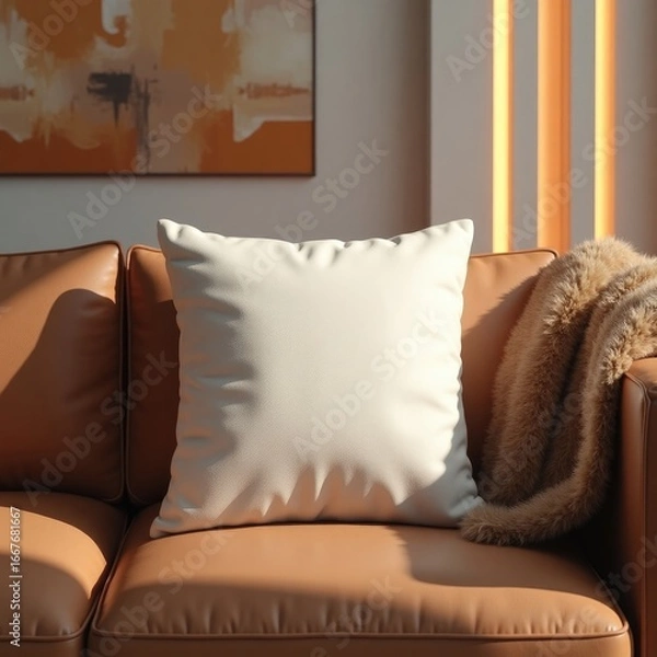 Fototapeta Pillow mockup a white cushion sits on a brown leather sofa next to a soft blanket with a painting on the wall behind it