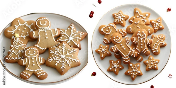 Fototapeta Plate filled with Christmas cookies, including gingerbread men, stars, and trees isolated on a transparent background