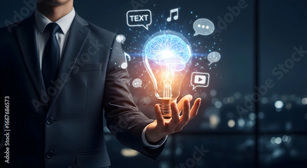 Fototapeta Businessman holds glowing lightbulb with digital brain, symbolizing innovation and communication ideas