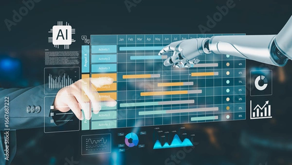 Obraz A businessman and an AI robot collaborate on a project, analyzing a Gantt chart and data on a futuristic holographic interface, symbolizing modern business management and technology.