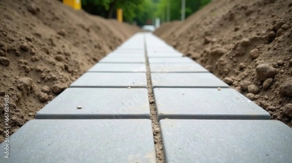 Fototapeta A newly laid pathway of gray paving stones nestled between mounds of freshly turned earth, showcasing the meticulous detail of groundwork and the promise of a completed project.
