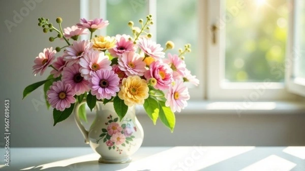Fototapeta Sunlit Bouquet of Delicate Pink and Yellow Flowers in a Vintage-Style Pitcher on a Windowsill