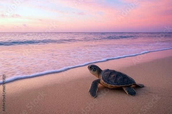 Fototapeta 夕暮れの浜辺を歩く海亀 実写風イラスト