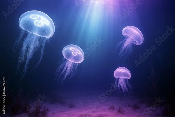Fototapeta 光に照らされる海底のクラゲ 実写風イラスト