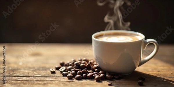 Fototapeta Aromatic Coffee Delight Steaming Cup of Latte Art and Roasted Beans on Rustic Wood