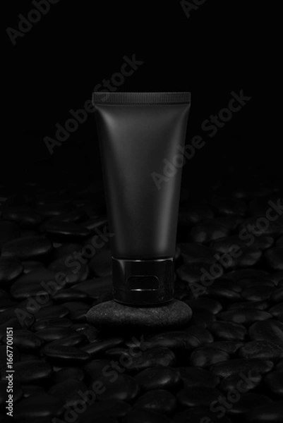 Fototapeta Black plastic cream tube with stone for mockup on black background. Selective Focus.