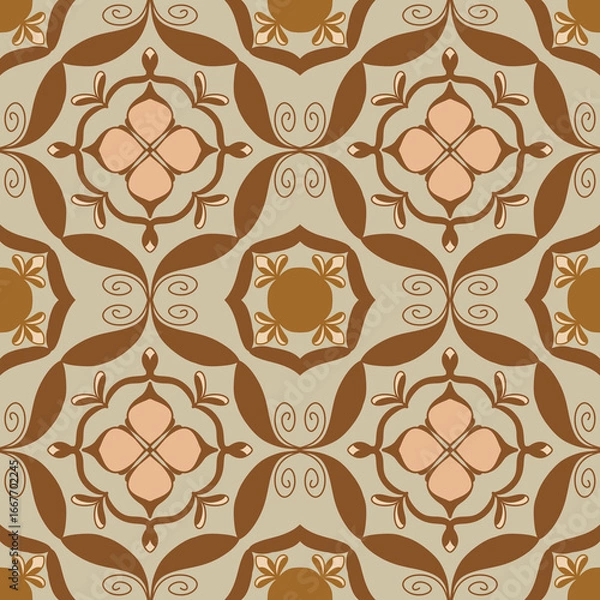 Fototapeta Seamless Vintage Floral Tile Pattern in Brown and Beige – Vector Decorative Design for Wallpaper, Fabric, Scrapbooking, Wrapping Paper, and Digital Backgrounds