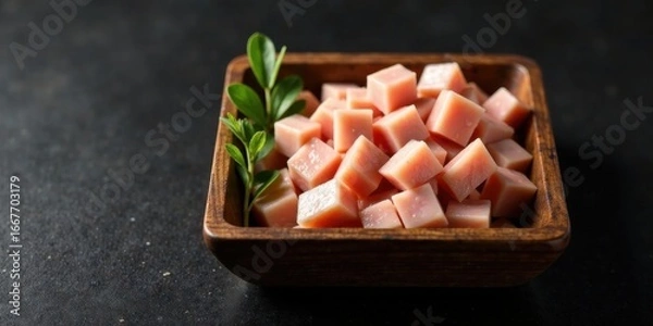 Fototapeta A wooden bowl filled with delicate cubes of savory meat, garnished with fresh green sprigs, rests on a dark surface.