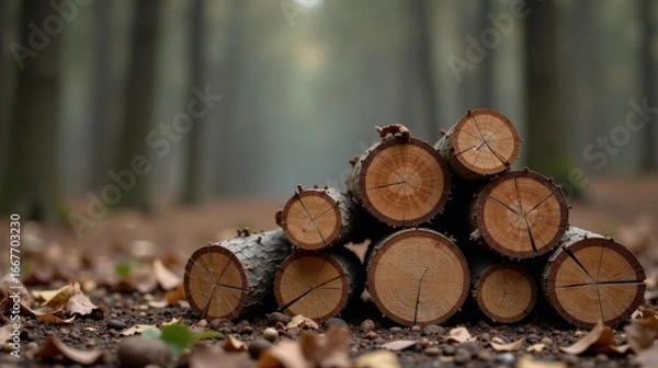 Fototapeta A pile of neatly stacked tree logs rests on the forest floor, surrounded by fallen autumn leaves.