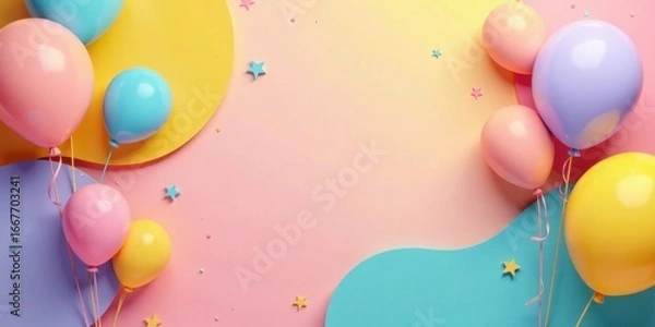 Fototapeta Pastel Balloons and Confetti Celebration Background Featuring a Delightful Array of Colorful Inflatable Decorations on a Soft Pink and Teal Surface