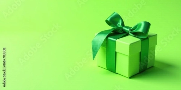Fototapeta A lime green gift box with a vibrant green satin ribbon bow, elegantly presented against a matching backdrop.