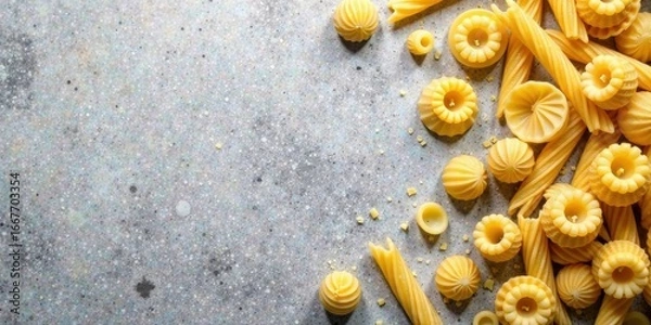 Fototapeta A Bountiful Collection of Dried Pasta Shapes Arranged on a Textured Surface