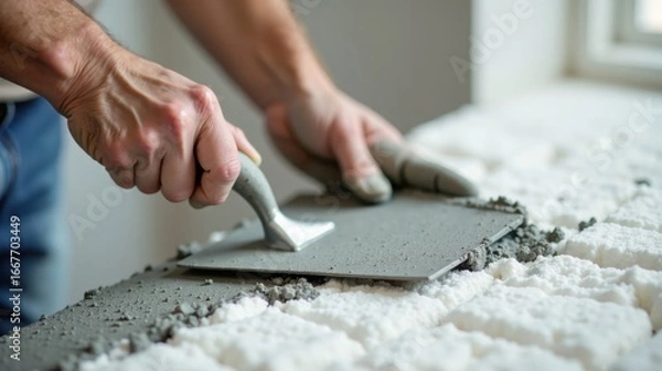 Fototapeta Close-up view of a craftsman meticulously applying mortar to a surface using a hand trowel during a home renovation project