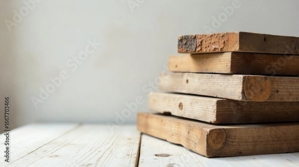 Fototapeta A stack of weathered, rustic wooden planks rests on a light wood surface against a muted background