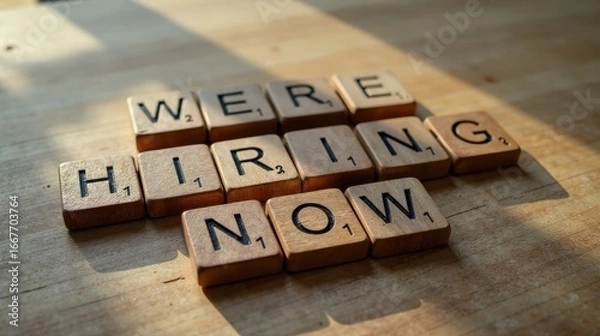 Fototapeta Wooden letter tiles spelling out the message We're Hiring Now on a table illuminated by sunlight