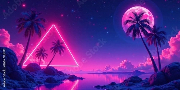 Fototapeta Serene Tropical Nightscape with Glowing Neon Triangle and Full Moon