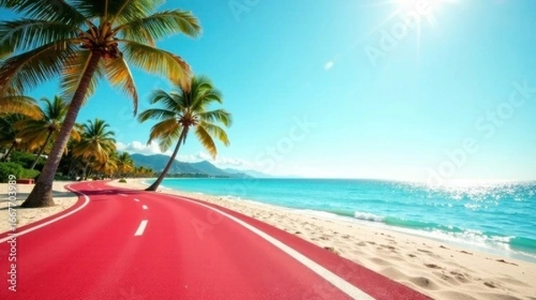 Fototapeta Red Asphalt Pathway Winding Along a Pristine Tropical Beach Under a Bright Sunny Sky