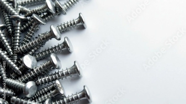 Fototapeta A Collection of Shiny Metal Screws on a Plain White Background, Ideal for Construction or DIY Projects