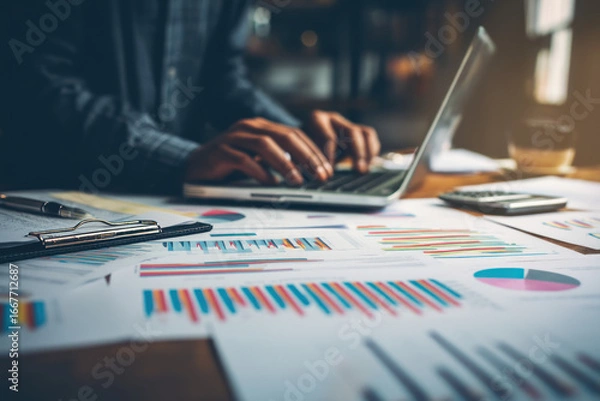 Fototapeta A fintech entrepreneur reviewing graphs on a laptop. Stacks of reports and financial data cover the table
