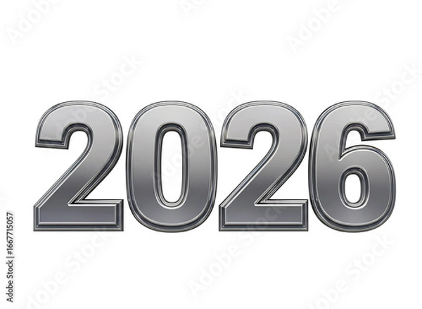 Fototapeta Silver metallic 3d numbers 2026 isolated on transparent background