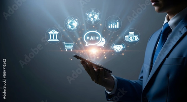 Fototapeta Businessman using smartphone to access AI for business insights and global financial growth