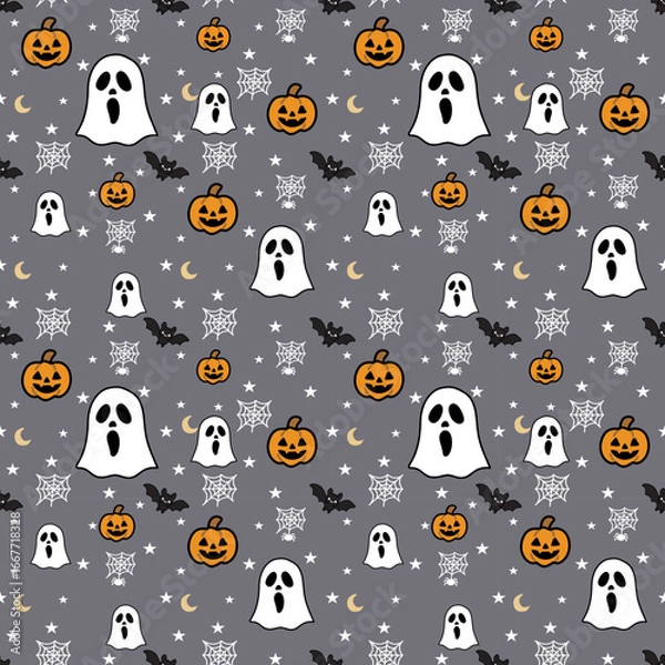 Obraz seamless Halloween Ghosts, Pumpkins, Bats and Spiderwebs on Gray