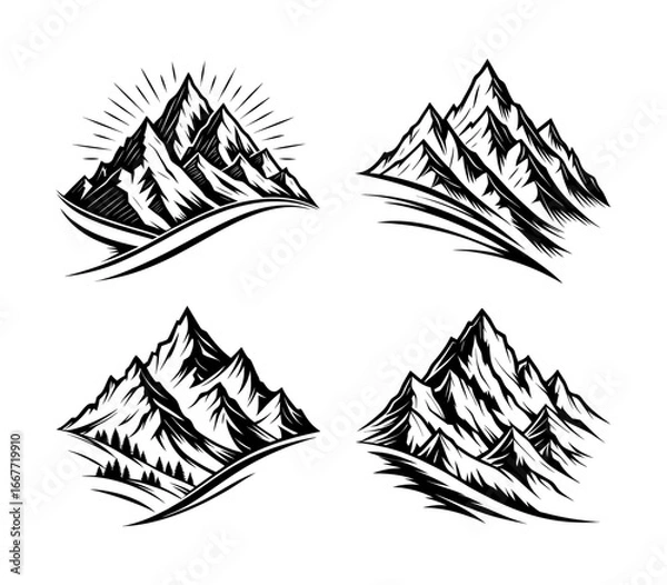 Obraz Set of vintage mountain landscape logos, monochrome adventure emblems collection for camping, hiking, outdoor brands and stickers, black slopes of the mountains vector silhouette