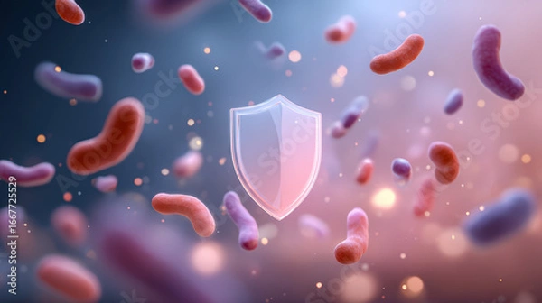 Fototapeta Microbiome immunity concept with shield symbolizing protection against harmful bacteria in colorful background
