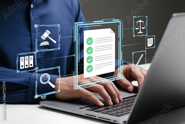 Fototapeta Compliance Management and Legal Document Automation – Audit Management and Regulatory Compliance with Businessman on Laptop