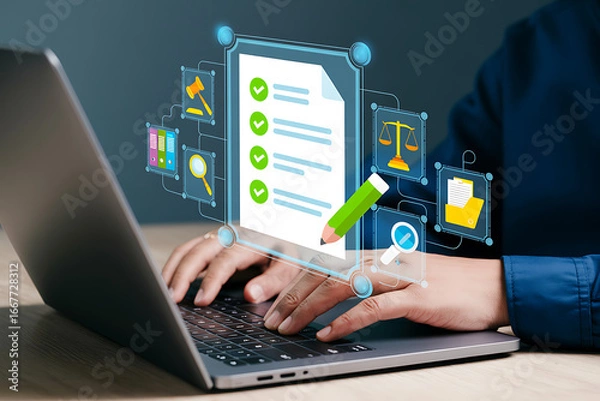 Fototapeta Compliance Management and Legal Document Automation – Audit Management and Regulatory Compliance with Businessman on Laptop