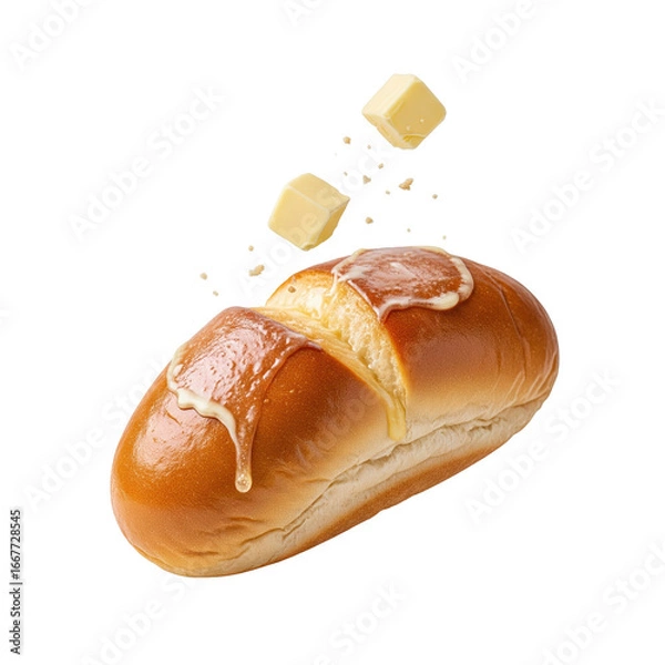 Fototapeta A delicious golden brown bread roll with a generous amount of melting butter, accompanied by two cubes of butter falling from above. Perfect for breakfast or a snack.