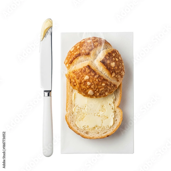 Fototapeta A delicious breakfast or snack featuring a slice of bread spread with butter, topped with a round bread roll, and a knife.