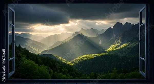 Fototapeta Dramatic mountain valley bathed in ethereal sunlight breaking through stormy clouds seen through a window