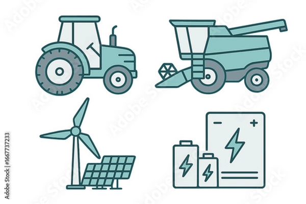 Fototapeta Sustainable agriculture and green energy technology vector icon set. Includes farm equipment, tractor, combine harvester, wind turbine, solar panel, and battery energy storage system.
