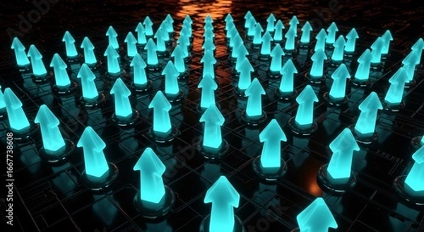 Fototapeta Glowing blue arrows ascend on dark grid, symbolizing growth and progress