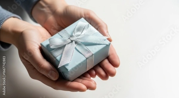 Fototapeta Close up of a persons hands holding a small gift box with a bow.