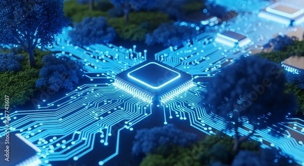 Fototapeta Futuristic tech landscape with glowing circuits and nature elements