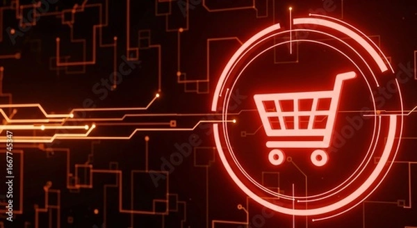 Fototapeta Digital commerce shopping cart glowing on futuristic tech circuit background