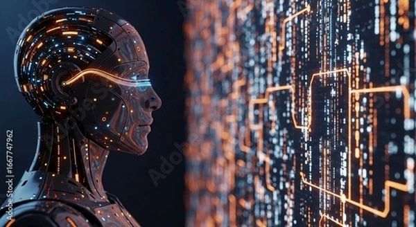 Fototapeta Futuristic AI robot contemplates glowing data stream in science lab