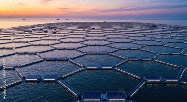 Fototapeta Expansive hexagonal floating solar panel farm on the sea at sunset.