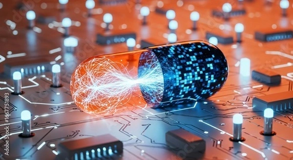 Fototapeta Futuristic capsule transfers digital data across glowing circuit board