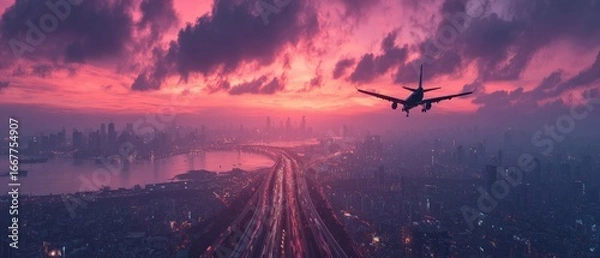 Obraz Plane descends over city at sunset