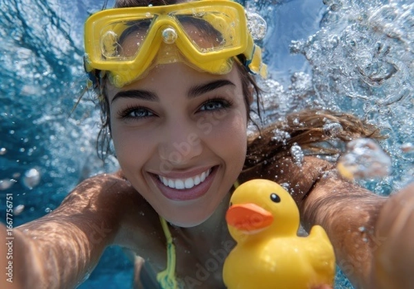 Fototapeta a happy woman wearing yellow and diving goggles is taking a selfie while holding a rubber duck in the blue water, with a splash of bubbles around her head