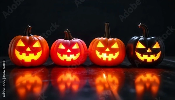 Fototapeta Glowing halloween jack-o'-lanterns casting eerie shadows in dark room, carved pumpkins for spooky celebration, created with generative ai
