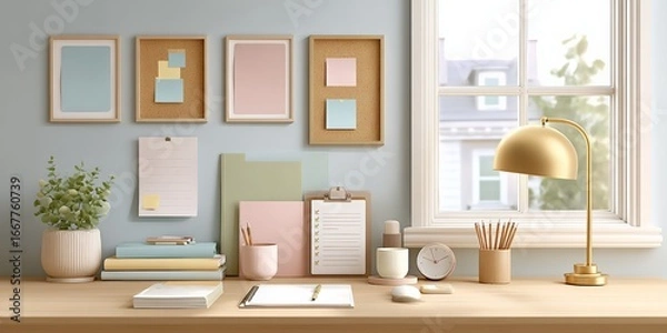 Obraz Stylish home office desk with organized supplies and indoor plant near window