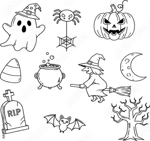 Fototapeta  set of various Halloween-themed cartoon illustrations