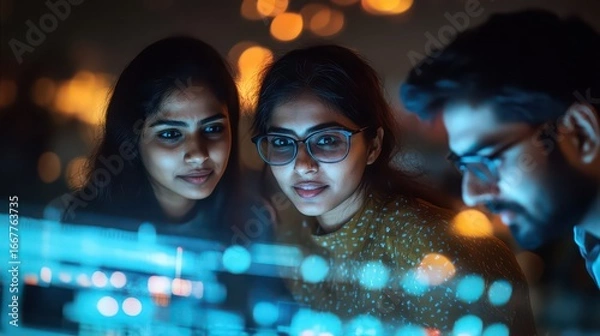 Fototapeta Three people looking at a screen with blue light effects