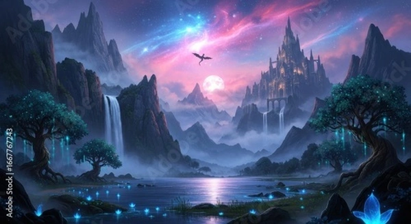 Fototapeta Mystical Fantasy Realm with a Dragon and Castle Under a Celestial Sky.