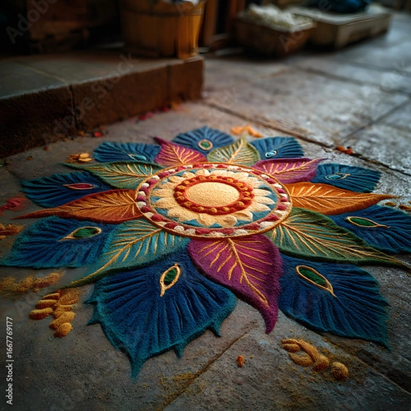 Fototapeta Rangoli or muggu or kolam s an art form originating n the Indian subcontinent.Patterns are created on th floor or the ground usingmaterials such as limeston powder, rice powder or flwer petals.