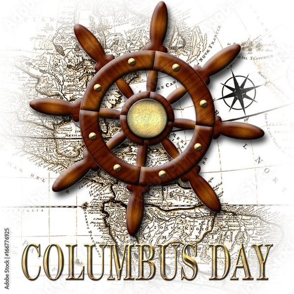 Obraz Happy Columbus Day, 3D, Nautical classic wood ship rudder, banner with golden accents. Wood style and old map as background.